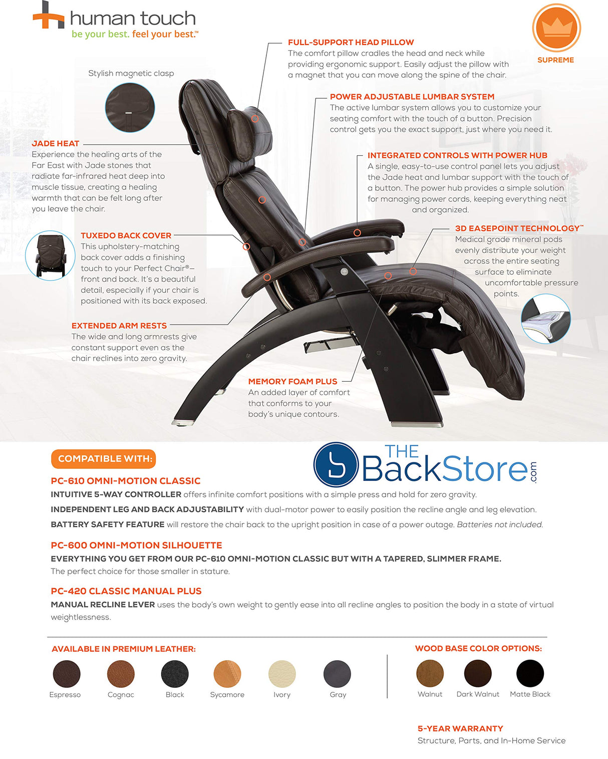 Perfect Chair Human Touch PC-610 Omni-Motion Classic Power Recline Zero Gravity Recliner Supreme Upholstery Package Walnut Wood Stain - Black Premium Leather Perfect Chair