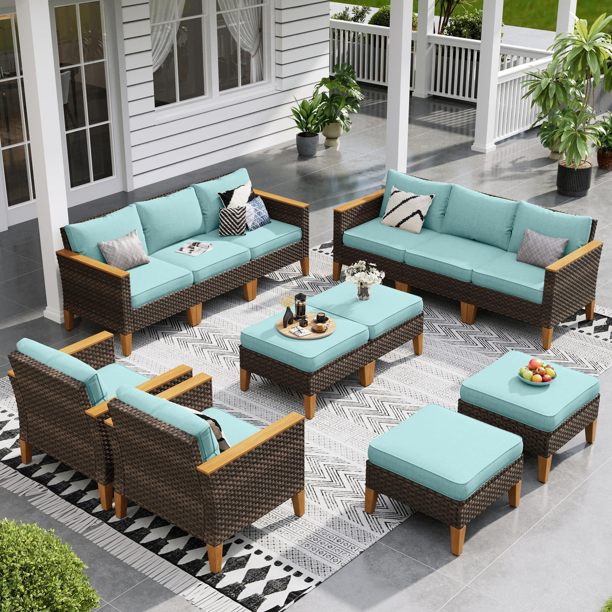 Sophia & William Patio Furniture Set 12 Piece Outdoor Wicker Furniture Sectional Sofa, Extra Large Patio Rattan Conversation Set with Ottoman for Backyard, Deck, Pool(Aqua Blue) Sophia & William