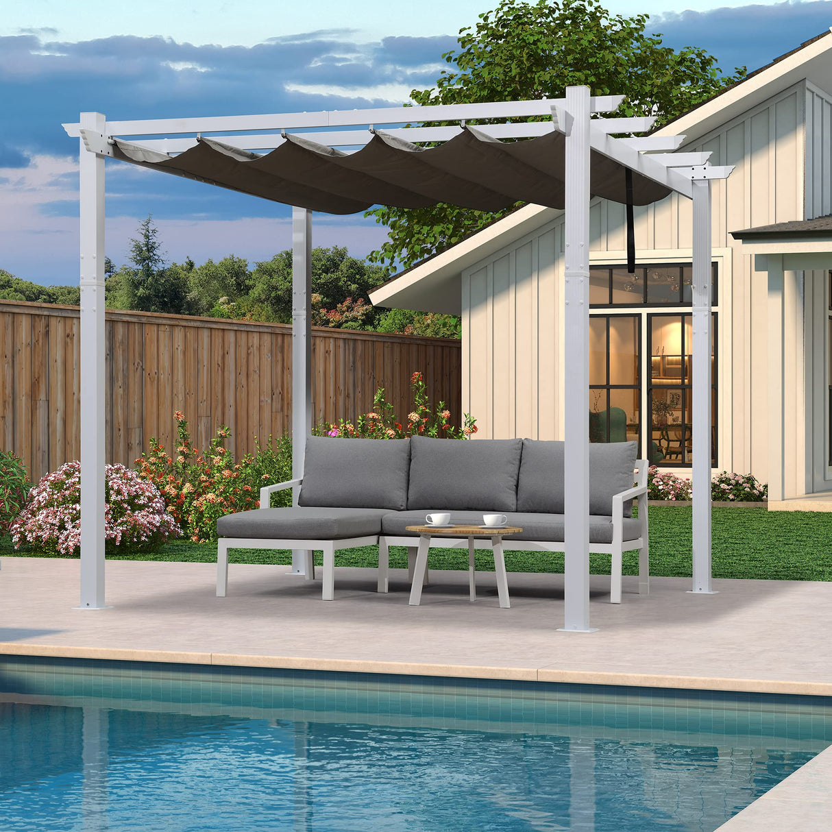 PURPLE LEAF 10' x 10' Outdoor Retractable Pergola Heavy-Duty Aluminum DIY White Pergola with Sun Shade Canopy Patio Modern Shelter for Garden Yard Deck Grape Trellis, Grey PURPLE LEAF