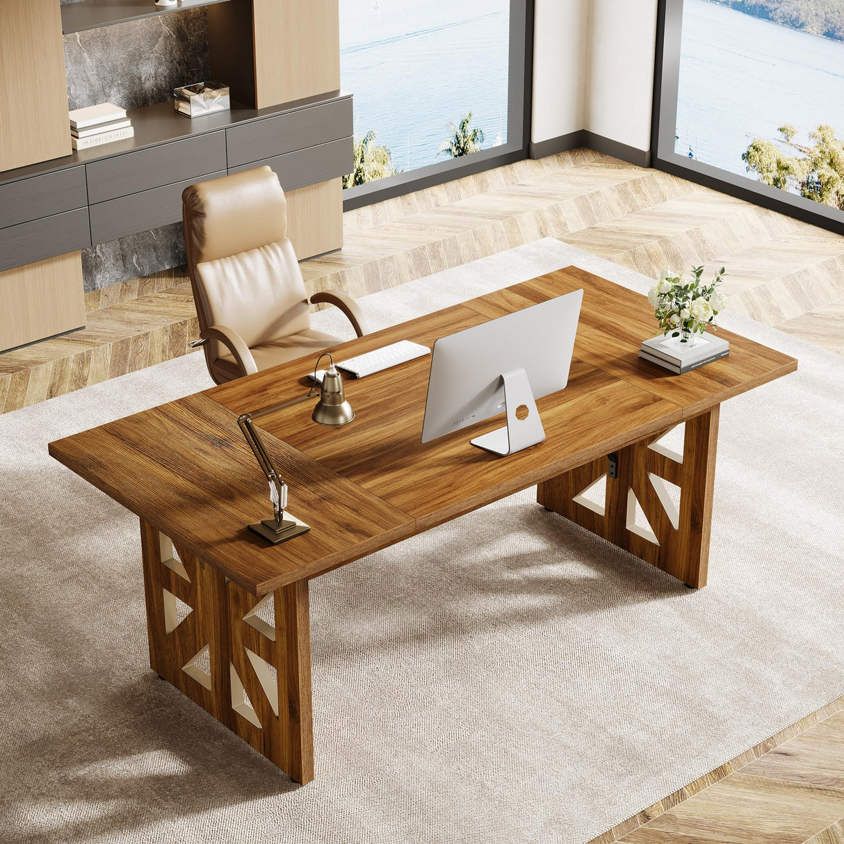 Tribesigns 62.4" Large Executive Desk, Farmhouse Computer Office Desk with Double Robust Pedestal, Rustic Wooden Study Writing Table Workstation for Home Office, Brown Tribesigns