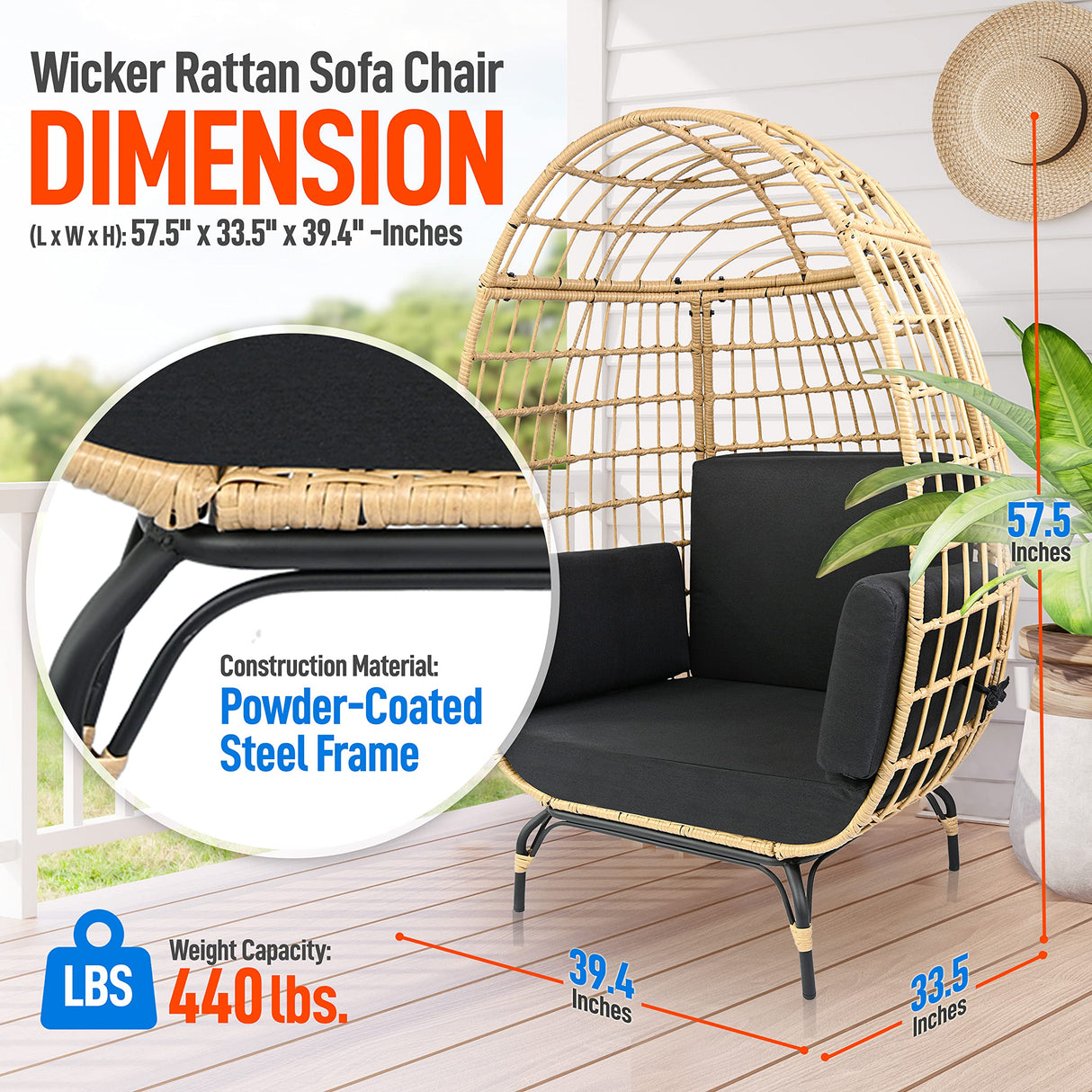 SereneLife Black Wicker Rattan Egg Chair for Indoor and Outdoor Use - Comfy Sofa Chair with 4 Washable Cushions, Durable Powder-Coated Steel Frame, Stylish Ribbed Back, Supports up to 440lbs SereneLife
