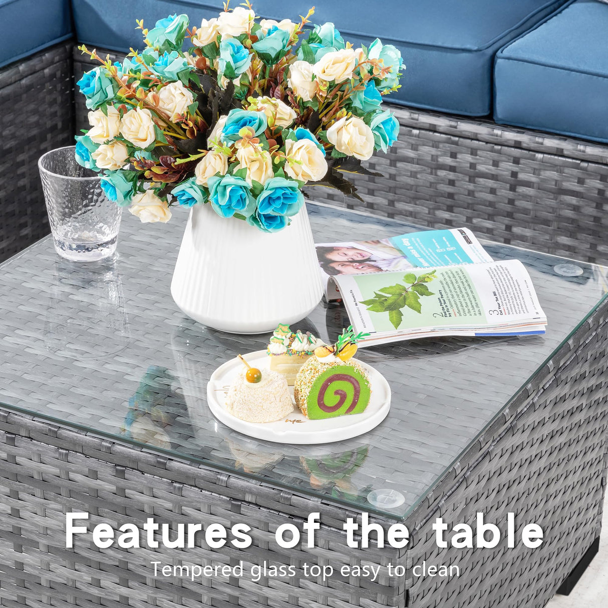 Shintenchi 3 Pieces Patio Furniture Set,All-Weather Rattan Patio Conversation Set,Outdoor Sectional Silver Wicker Patio Couch with Washable Cushions and Glass Coffee Table(Navy Blue) Shintenchi