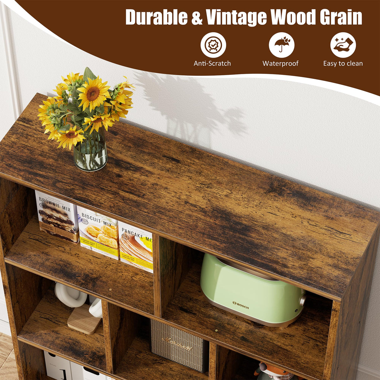 Vongrasig 7 Cube Bookshelf, 3 Tier Mid-Century Modern Bookcase with Legs, Wooden Bookshelf Storage Organizer Display Bookcase for Bedroom, Living Room, Office, Rustic Brown Vongrasig