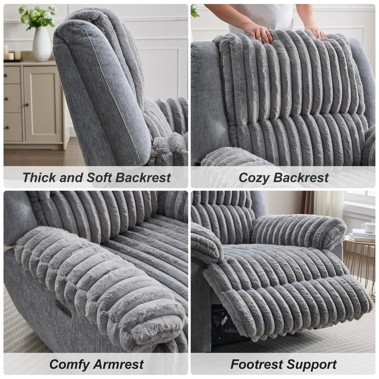 Comfort Stretch Grey Power Recliner Chairs for Living Room Faux Fur Electric Recliners Chair with USB Port Soft Fabric Overstuffed Single Reclining Chair Theater Seating Comfort Stretch