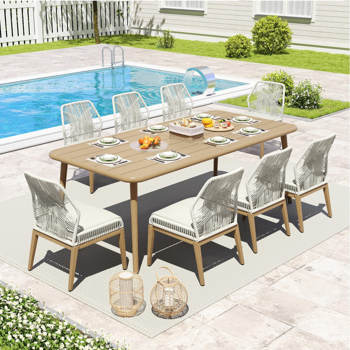 HAPPATIO Outdoor Dining Sets for 8, 9-Piece Patio Table and Chairs Set, Rope Woven Chairs with Cushions, Wood-Grain Aluminum Frame Patio Dining Set for Outside, Lawn, Garden, Backyard HAPPATIO