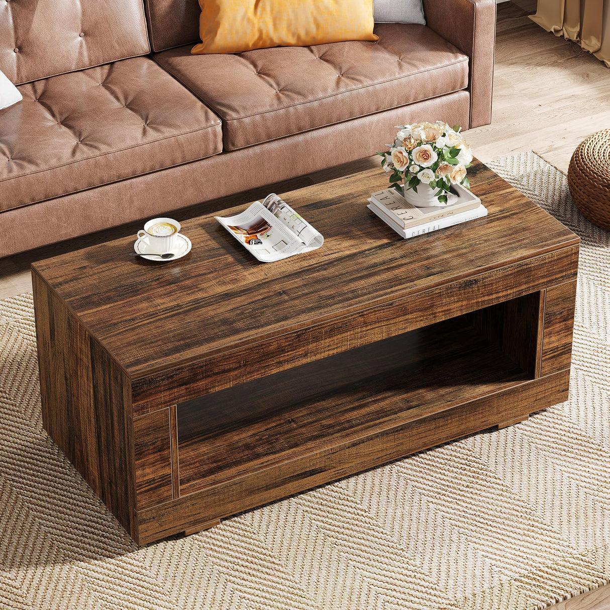 Tribesigns Wood Coffee Table for Living Room, 43.3" Modern Farmhouse Coffee Table with Storage, 2-Tier Rectangular Center Table Cocktail Living Room Table with Sturdy Base, Rustic Brown Tribesigns