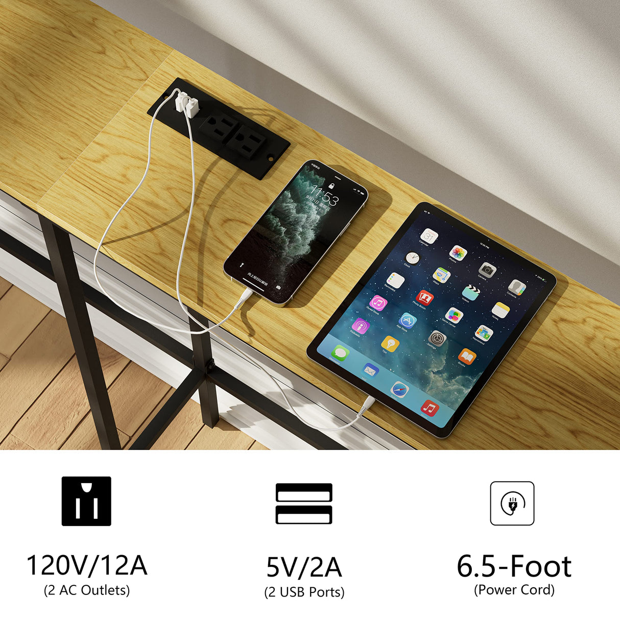 SONGXIN 39 Inch Console Table with Power Outlet,Modern Narrow Long Sofa Table Behind Couch,Skinny Entry Table with Black Metal Frame for Entryway,Living Room, Hallway,3D Oak SONGXIN