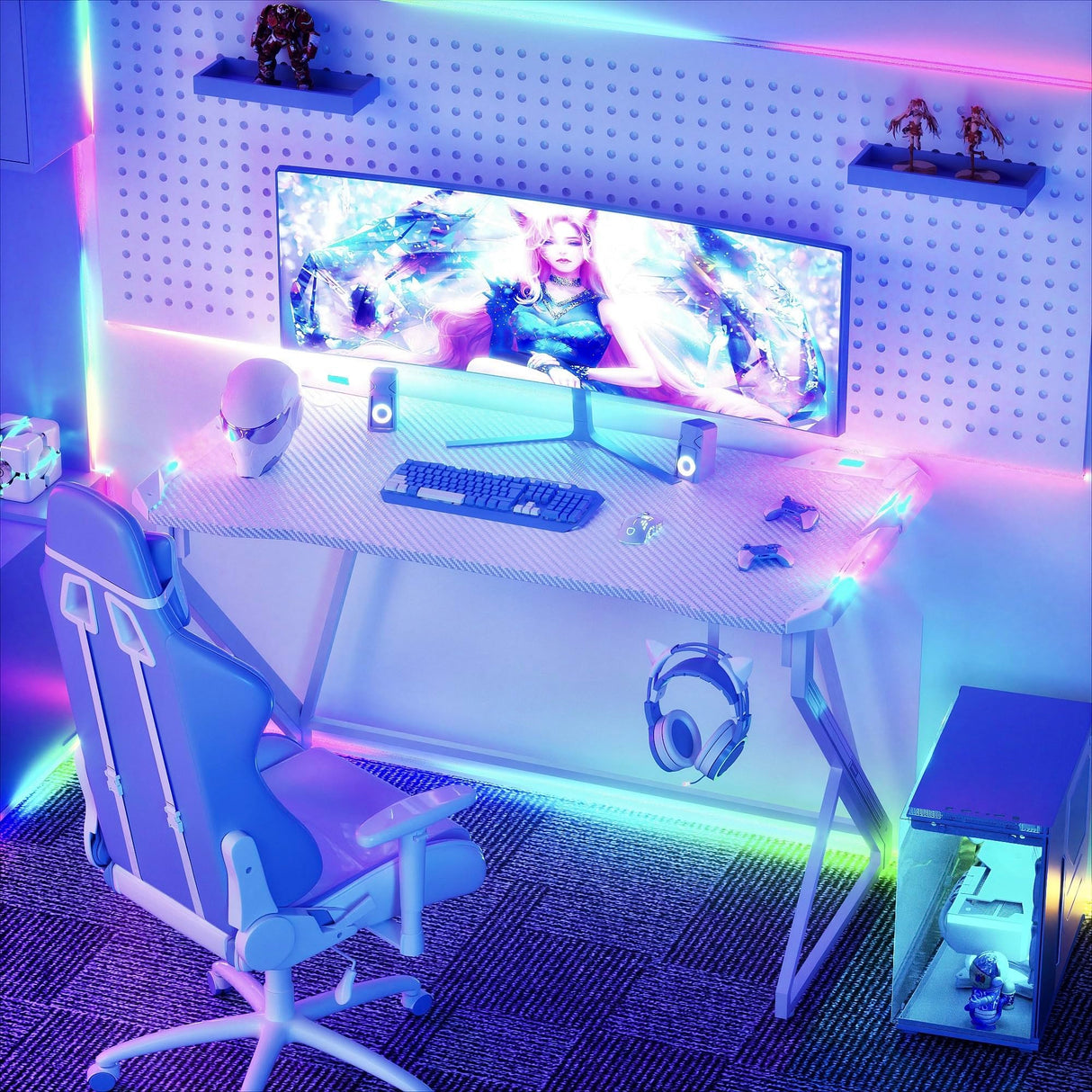 TIQLAB Small Gaming Desk with LED Lights, 40 Inch Computer Desk for Home Small Space, Gaming Table with Carbon Fiber Surface, PC Gamer Desk for Kids Boys Men, White TIQLAB
