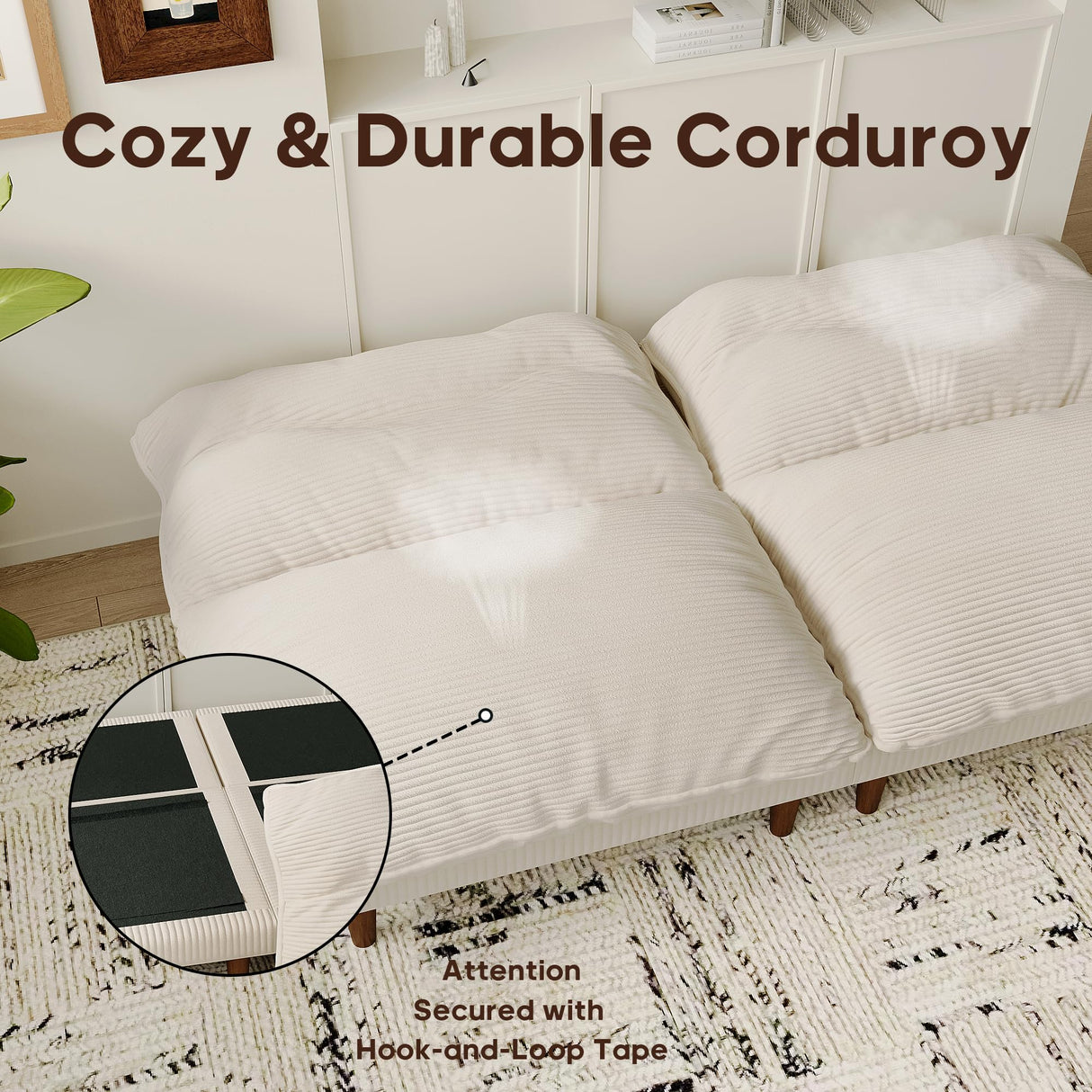 DreamDashio Futon Sofa Bed, 4 in 1 Multi-Functional Futon Couch with Adjustable Backrest, 75 inch Convertible Sleeper Sofa Bed and Recliner Lounge, Corduroy Loveseat for Living Room, Apartment, Beige DreamDashio