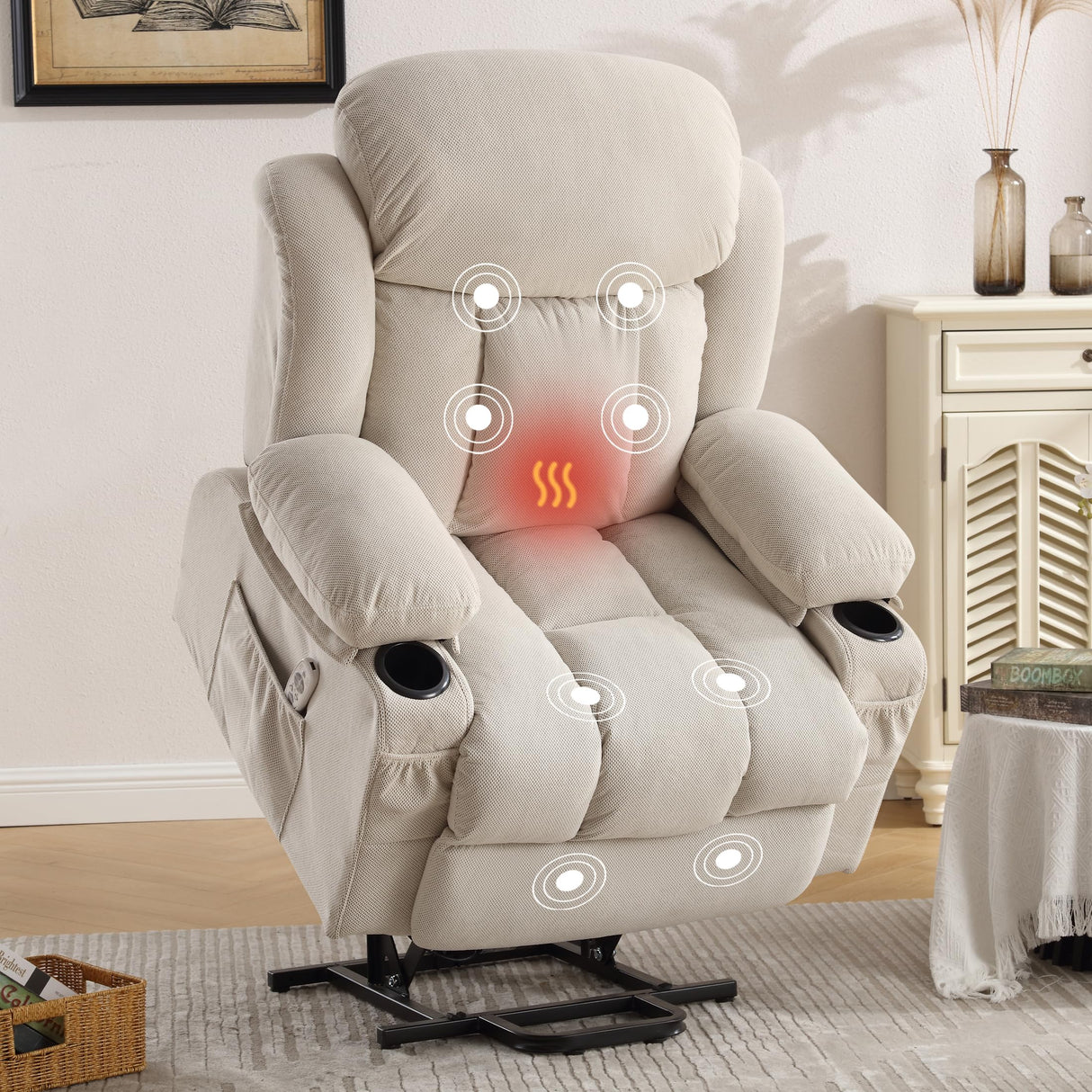 BOSMILLER Power Lift Recliner Chair with Heat and Massage Electric Fabric Recliner Chair for Elderly with Side Pocket, USB Charge Port, Remote Control for Living Room (Cream) BOSMILLER