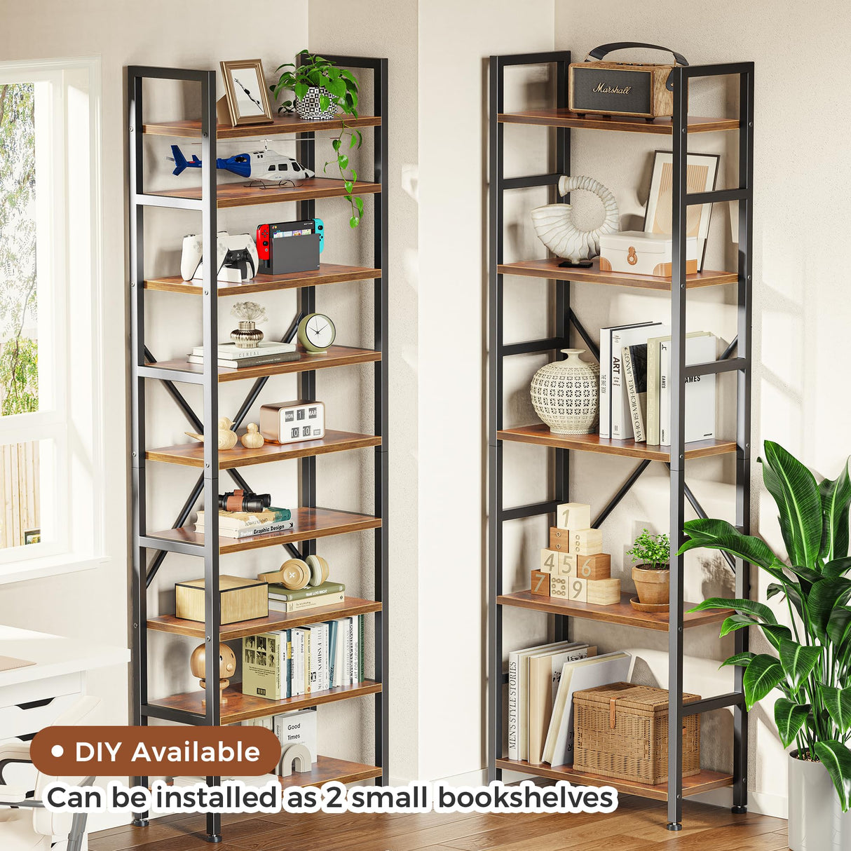 SUPERJARE Triple 5 Tier Bookshelf, Bookcase with 14 Open Display Shelves, Wide Book Shelf Book Case for Home & Office, Rustic Brown SUPERJARE