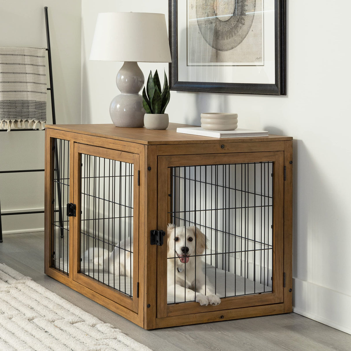 Furniture-Style Dog Crate - Acacia Wood Kennel for Large Dogs with Double Doors and Cushion - Dog Kennel Furniture by PETMAKER (Natural) PETMAKER