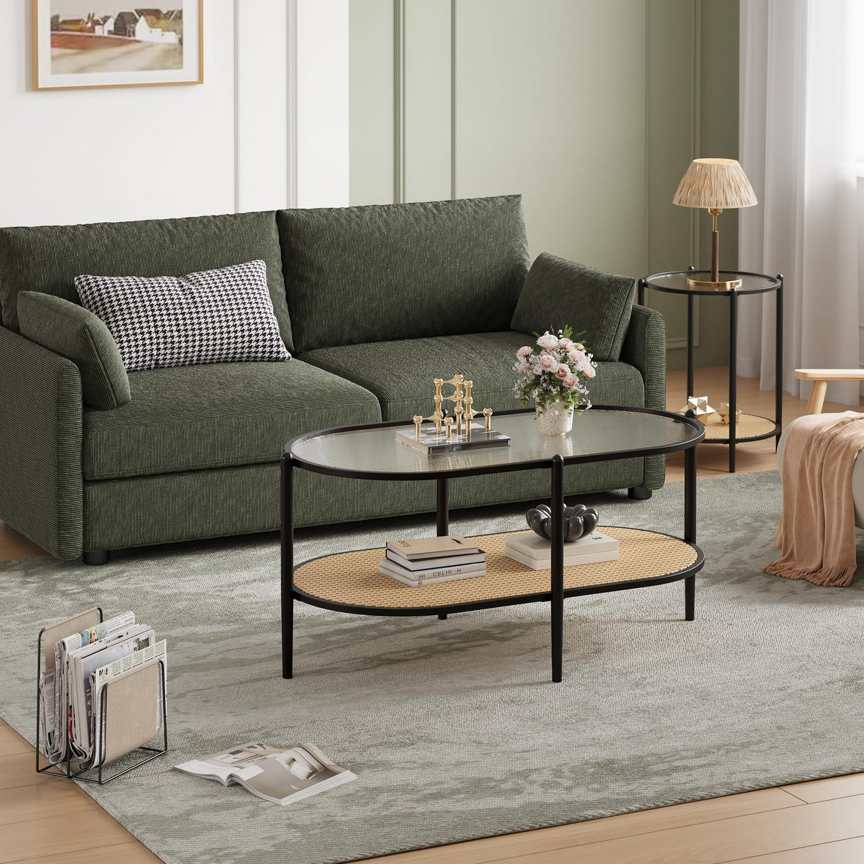 Boho Rattan Coffee Table with Glass Top, 2-Tier Oval Center Table with Metal Frame & Storage Shelf, Rustic Farmhouse Living Room Accent Tea Table for Apartment, Bedroom, Office Black