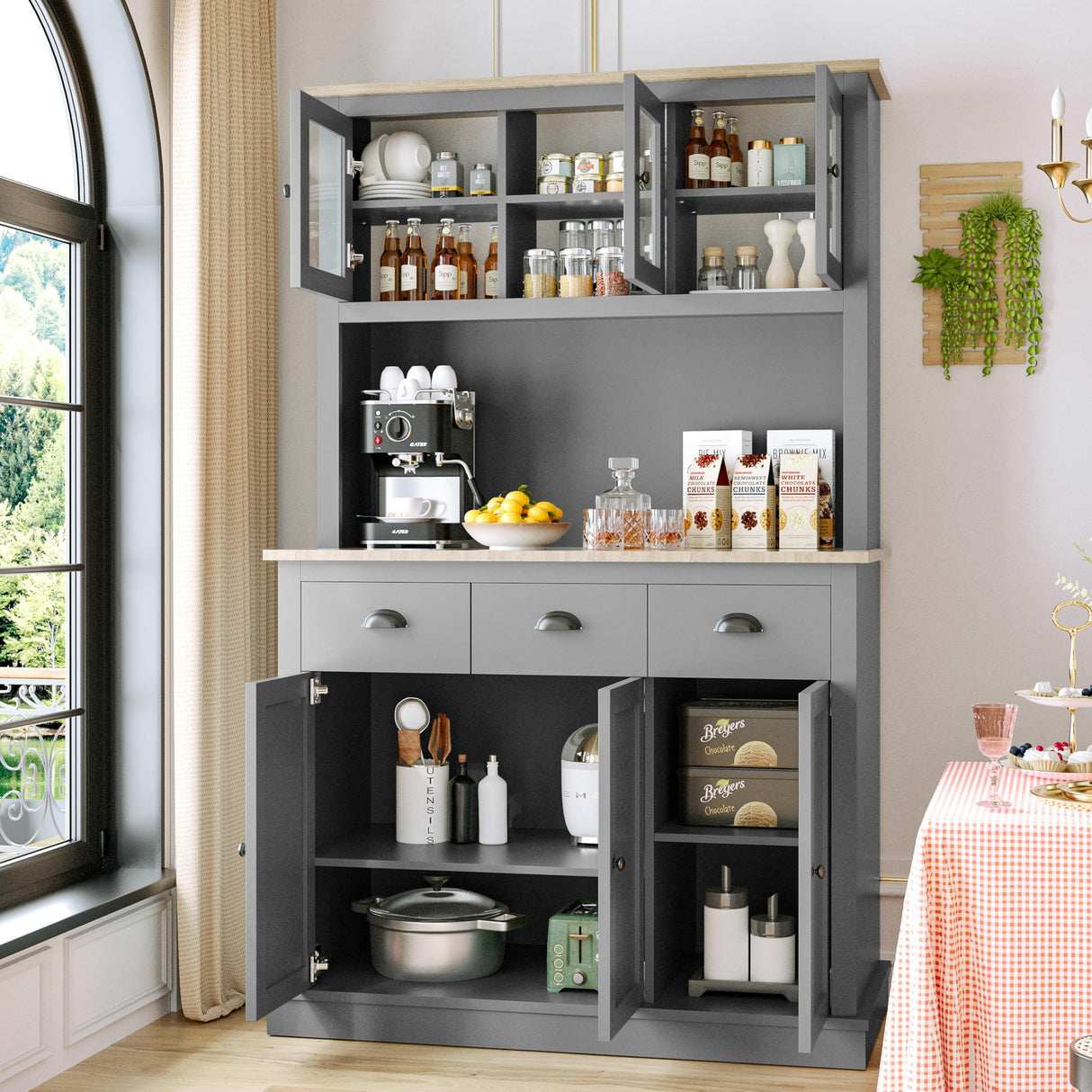 MU 71" Kitchen Hutch Storage Cabinet with Countertop, Tall Freestanding Kitchen Pantry Cabinet with Drawers, Drawers & Microwave Shelf, China Hutch for Kitchen, Dining Room, Living Room, Grey MU