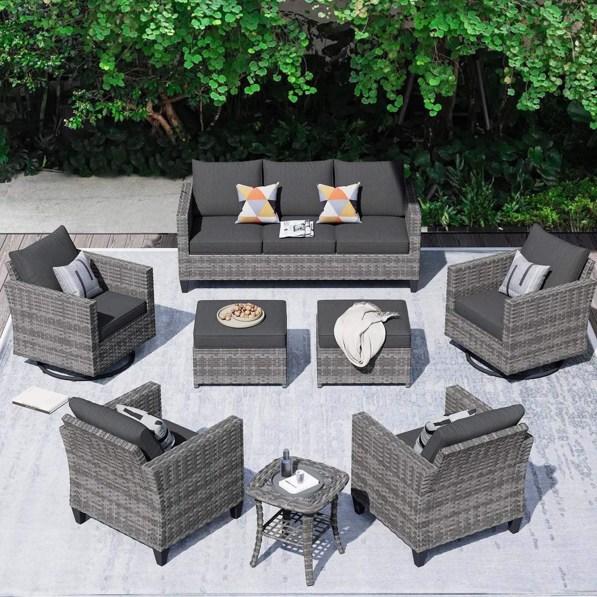 HOOOWOOO Wicker Patio Conversation Sets,8 Piece Outdoor Furniture Set with Swivel Rocking Chairs,All Weather Resistant Modern Outside Out Door Rattan Couch Chairs Side Table Set,Black HOOOWOOO