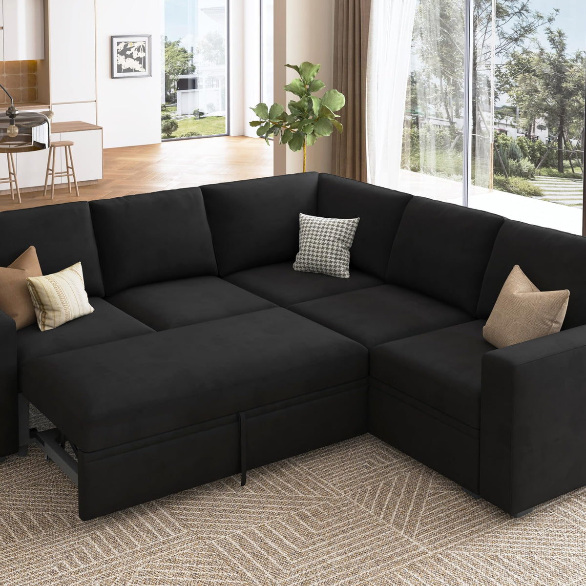 HONBAY Modular Sectional Sleeper Sofa with Pull Out Bed, Velvet L Shap ...