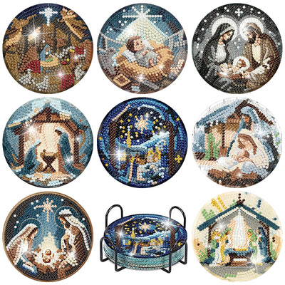 Yijingtop 8PCS Jesus Diamond Art Coasters Kits,Religion Diamond Painting Coasters with Holder,Small Diamond Art Kits for Adults,Crystal Gem Art Kits for Home Wall Decor