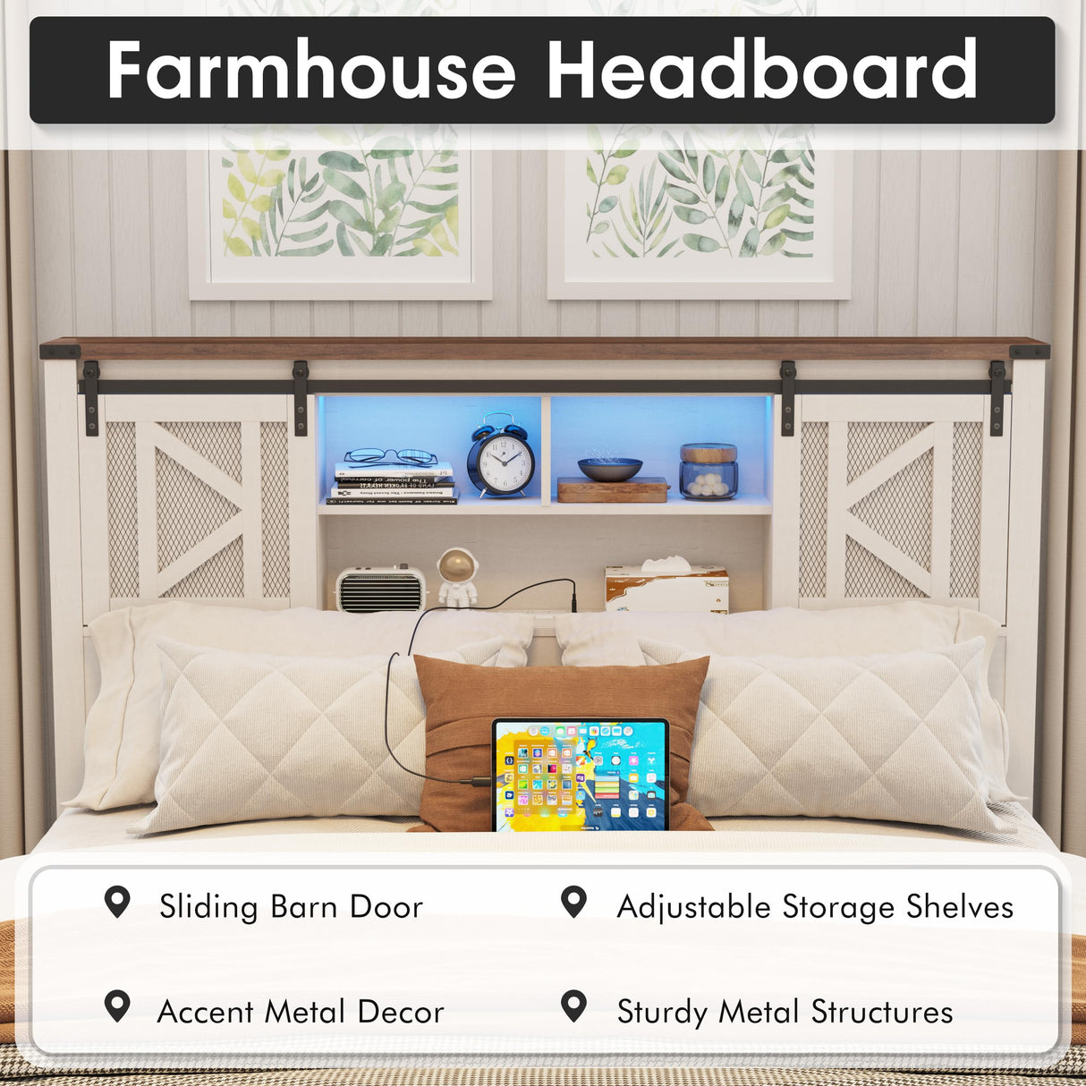 Vabches Farmhouse Full Size Bed Frame with Storage Bookcase Headboard, LED Lights and Charging Station, Sliding Barn Door and Adjustable Shelves, No Box Spring Needed, White Vabches