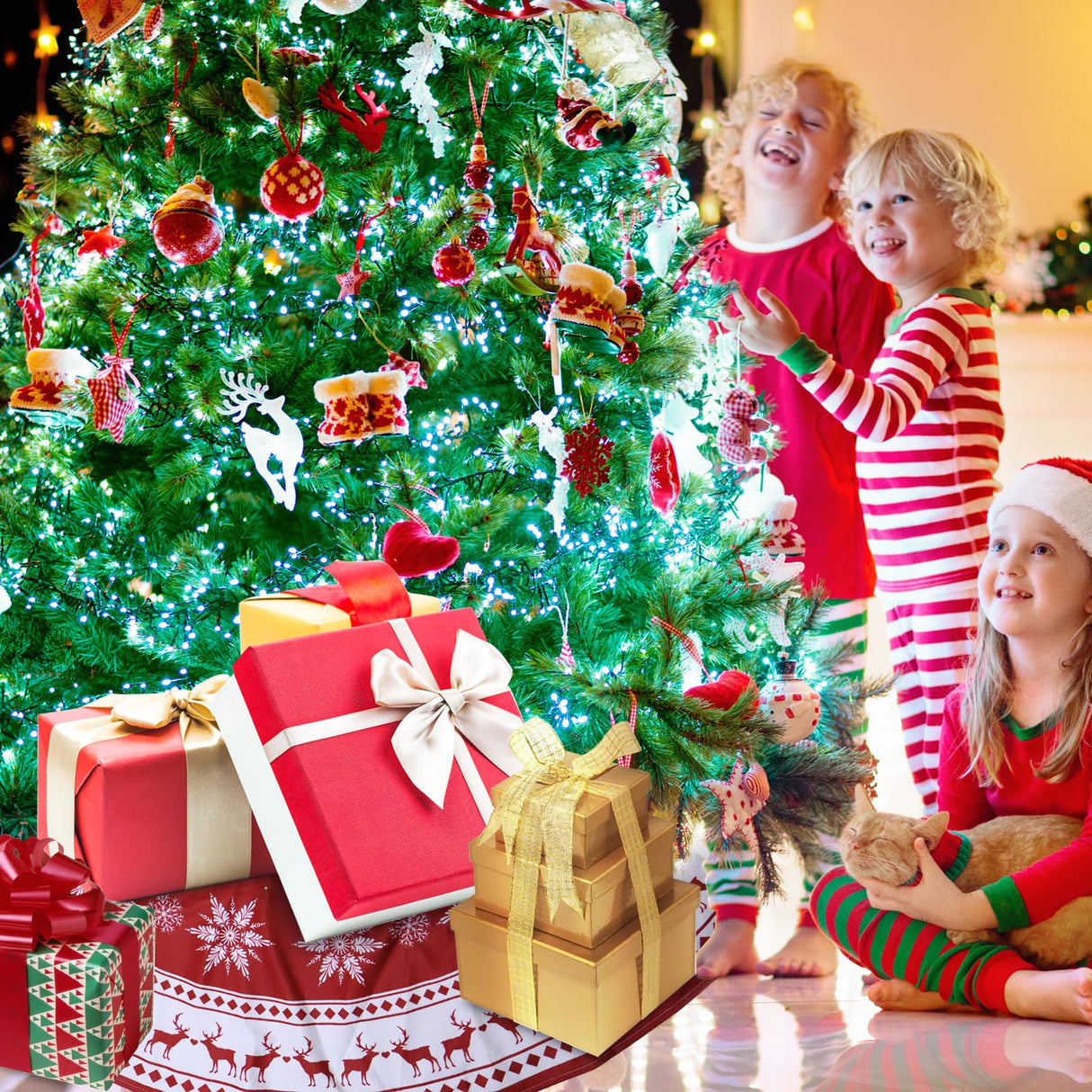 Christmas Tree Skirt 48 inch Large Tree Skirt Snowflake Reindeer Red Xmas Tree Skirt Rustic Christmas Tree Mat Decorations for Winter New Year Holiday Party Decor Indoor Outdoor JXOUYDAD