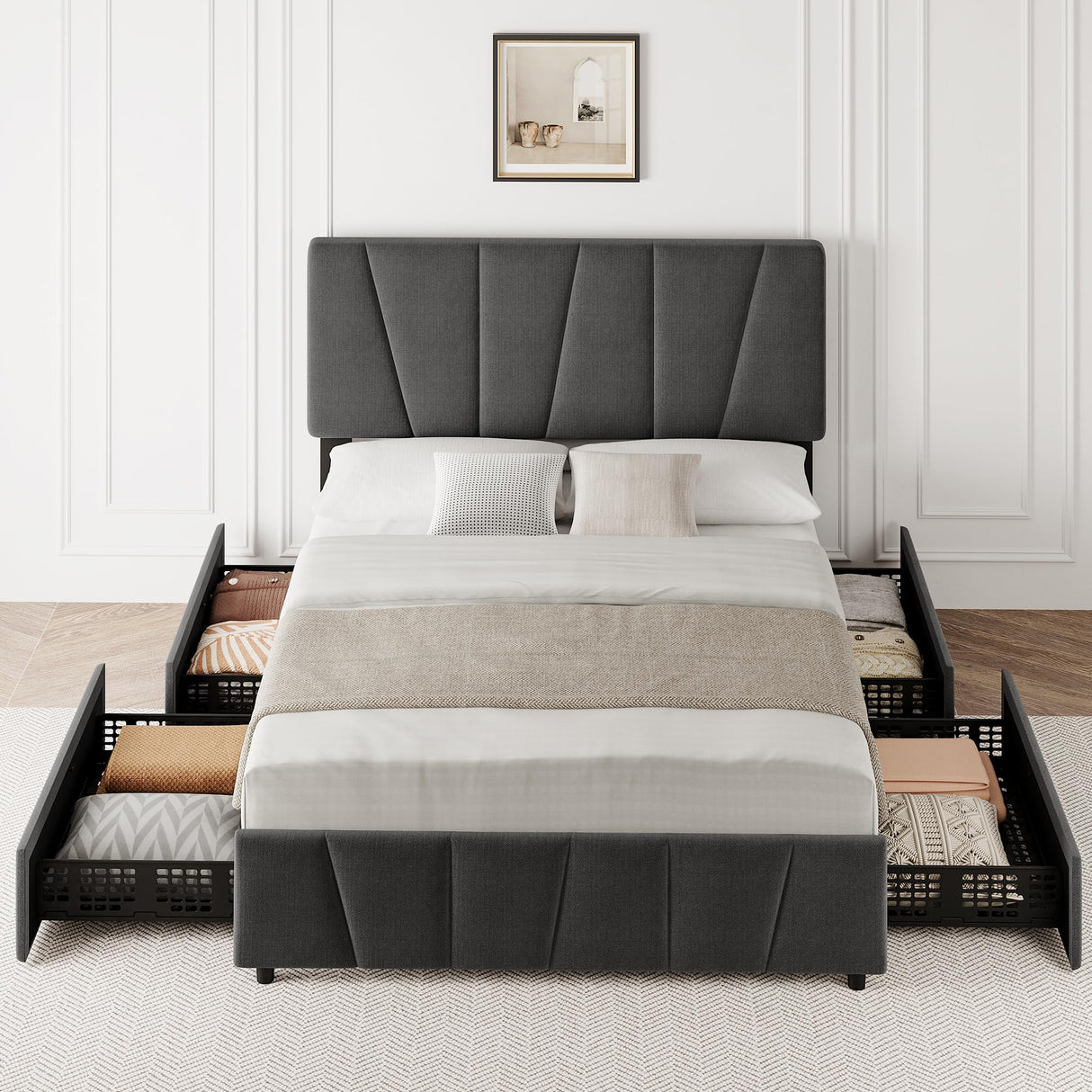 GarveeHome Full Size Bed Frame with Adjustable Headboard and 4 Storage Drawers, Velvet Upholstered Tufted Full Platform Bed Frames with Wooden Slats Support, Full Bedframe No Box Spring Needed, Grey GarveeHome