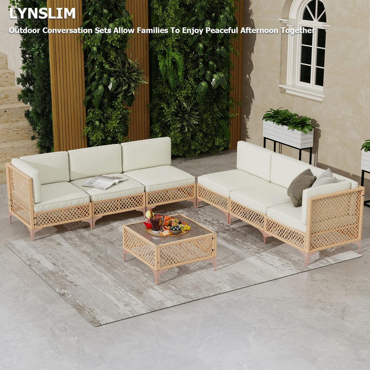 LYNSLIM 7 Piece Outdoor Patio Furniture Set, Wicker Outdoor Sectional Furniture Set, Boho Patio Conversation Sectional Sofa with Large Tempered Glass Coffee Table and Waterproof Cushion for Backyard LYNSLIM