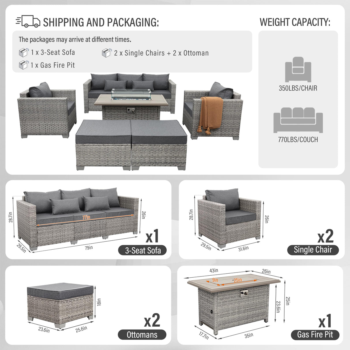 WAROOM Patio Furniture Set 6 Piece Grey Wicker Outdoor Furniture Patio Sectional Sofa Couch PE Rattan Conversation Sets with Fire Pit Table, Grey cushion WAROOM