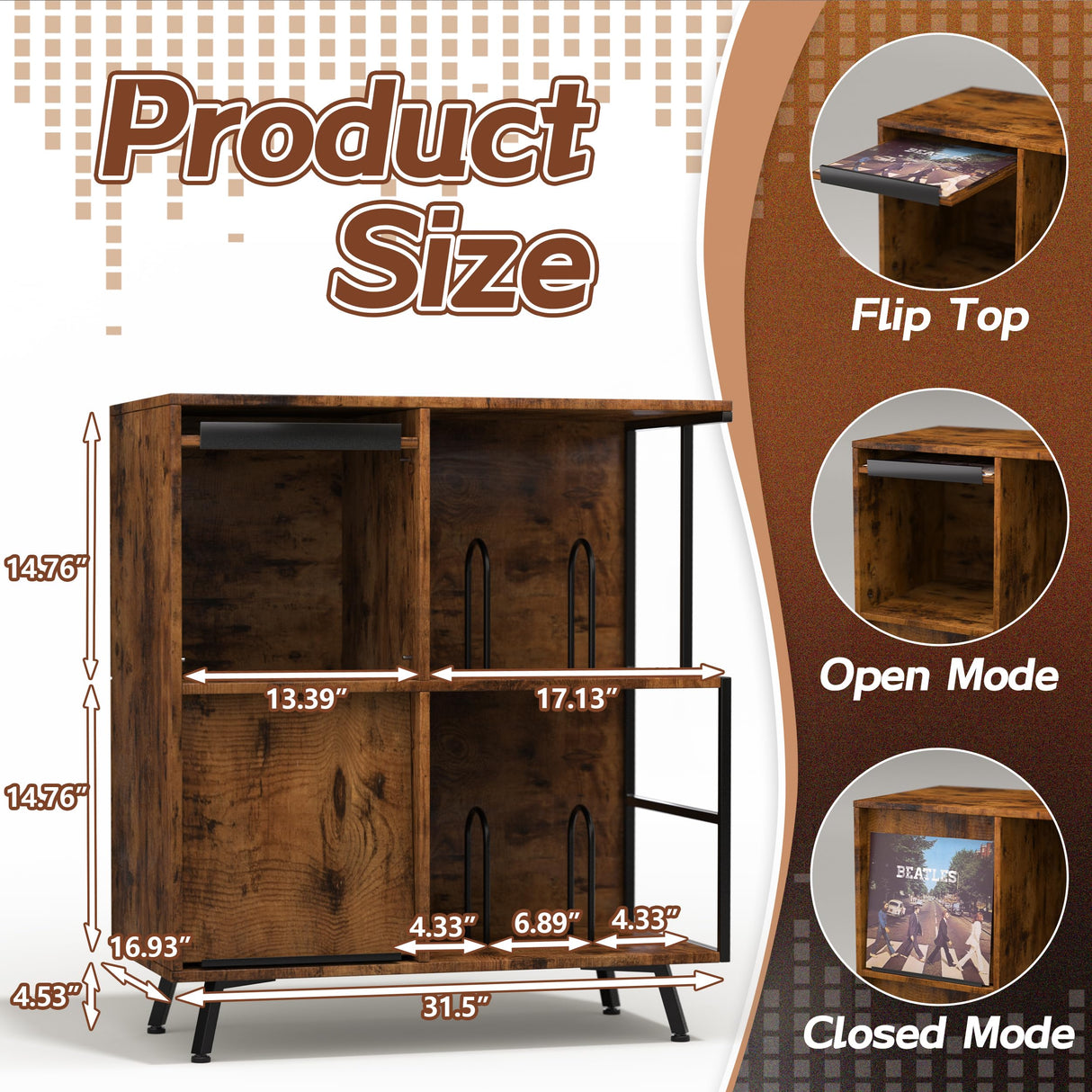 3 Tier Record Player Stand, Flip Top Record Player Cabinet, Mid Century Record Player Table with Shelves Holds up to 300+ Albums, Vinyl Record Storage with 4 U-Dividers for Living Room Bedroom, Brown Faesun