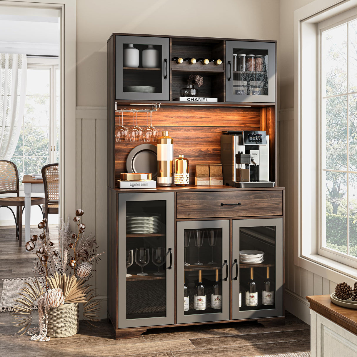 Fatmok Kitchen Pantry Cabinet, 71" Tall Liquor Cabinet with Glass Doors, Adjustable Shelves, Drawer, Coffee Bar Wine Cabinet with LED Lights, Power Outlet & Wine Rack, Buffet Cabinet with Storage Fatmok