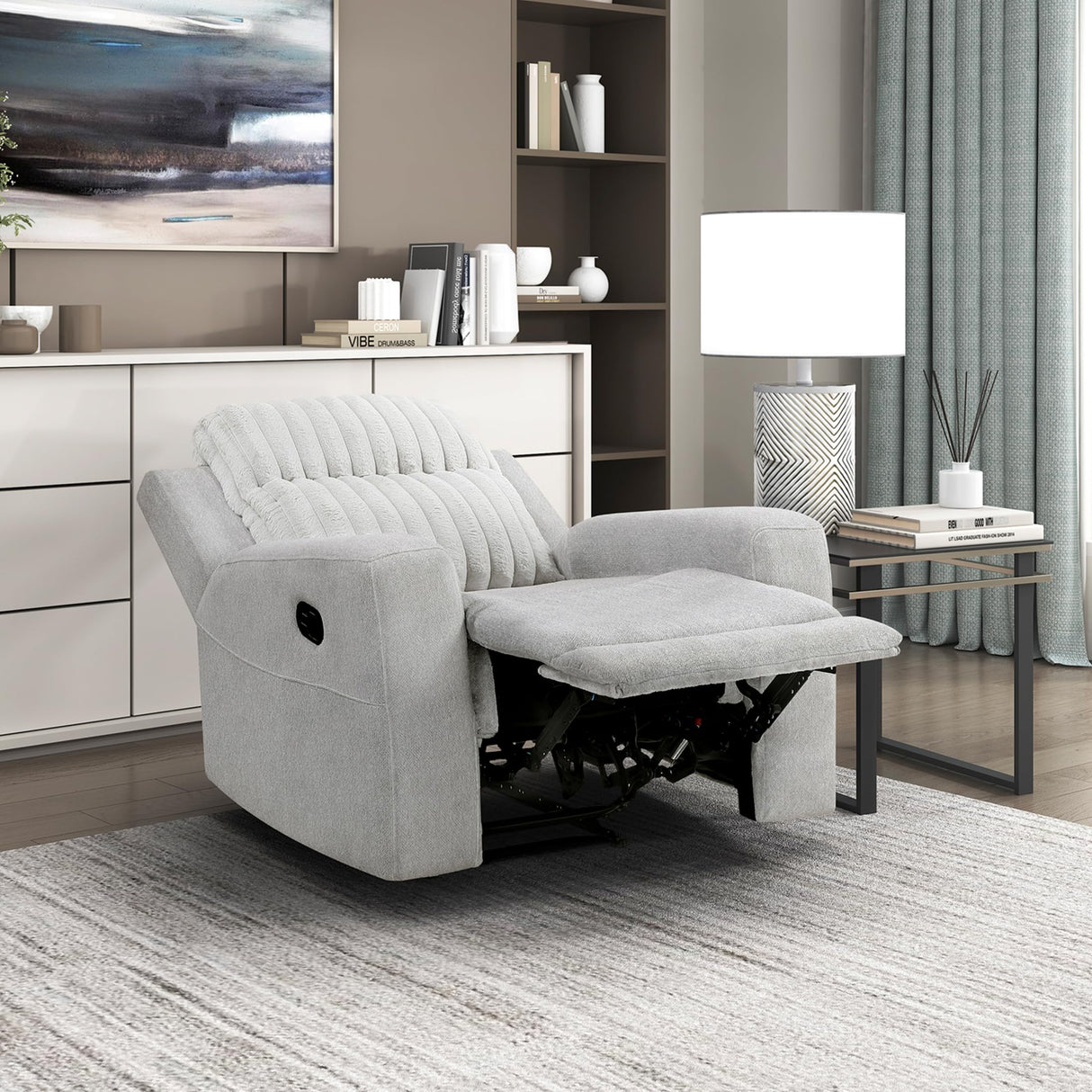 Lexicon Modern Recliner Chair for Living Room, Manual Wall Hugger Textured Microfiber Reclining Chair, Plush Corduroy Channel Seat Back, Manual Recliner, Light Gray Lexicon