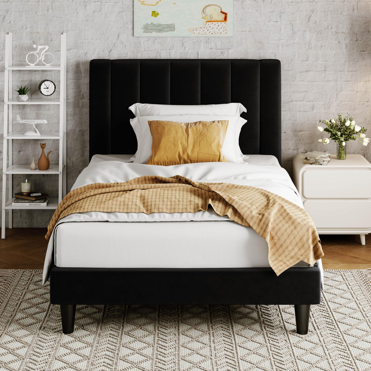 Allewie Twin Bed Frame/Velvet Upholstered Bed Frame with Vertical Channel Tufted Headboard/Strong Wooden Slats/Platform Bed Frame/Mattress Foundation/Box Spring Optional/Easy Assembly/Black Allewie