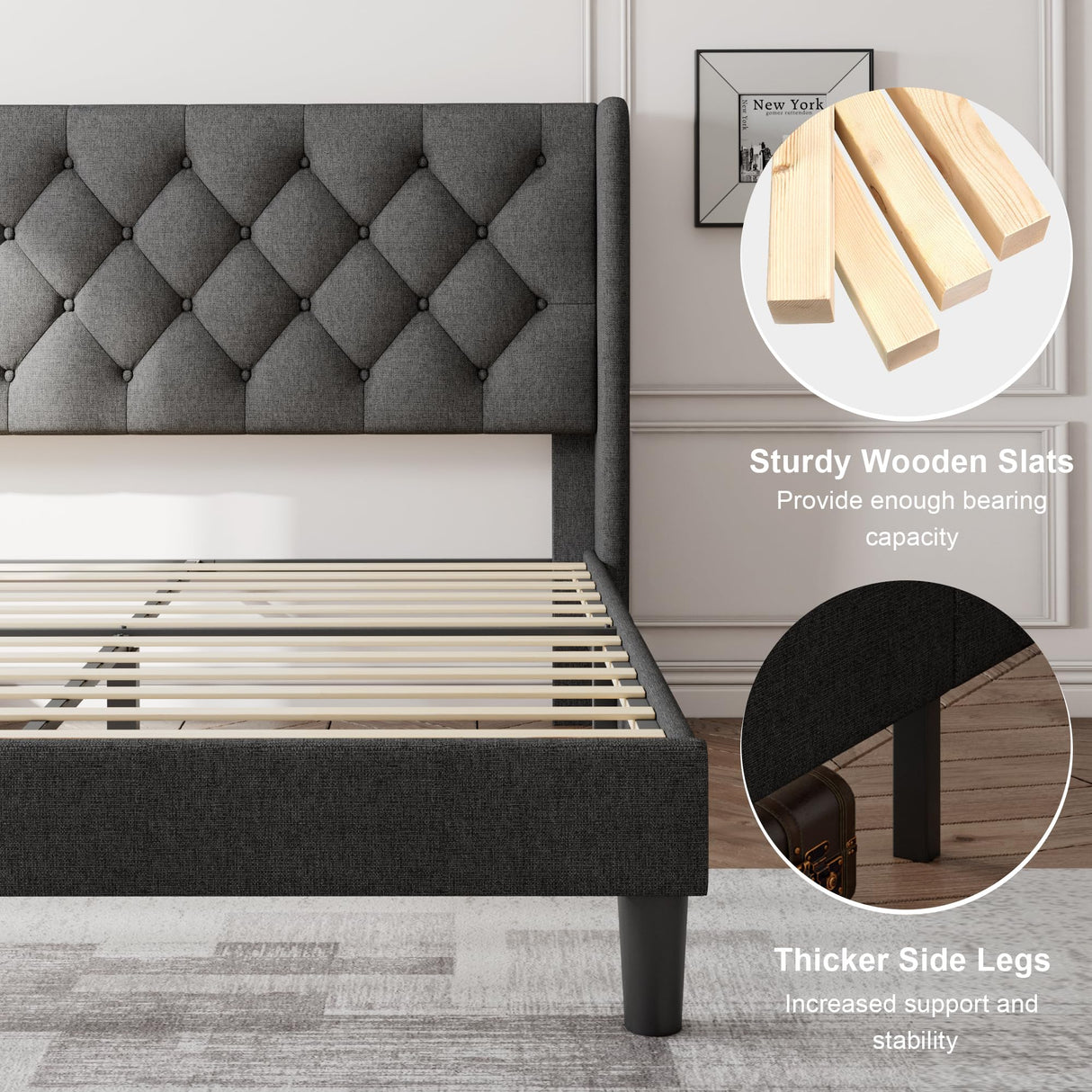 Feonase Queen Size Bed Frame with Diamond Tufted Wingback Headboard, Morden Upholstered Platform Bed, Sturdy Wooden Slats Support, Noise-Free, No Box Spring Needed, Easy Assembly, Dark Gray Feonase