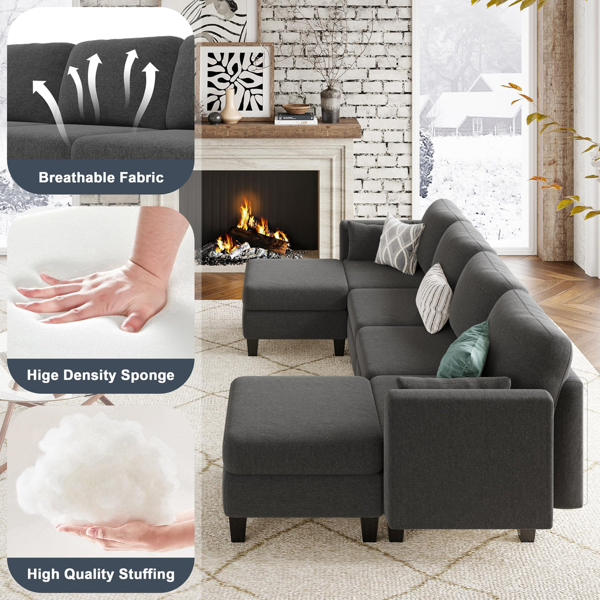 Huatean Home Modular Sectional Sofa, Convertible U Shaped Sofa Couch with High Density Memory Foam, 6 Seat Comfy Modular Sofa Couch for Living Room, Modern U Shaped Sectional Sofa, Dimgrey Huatean Home