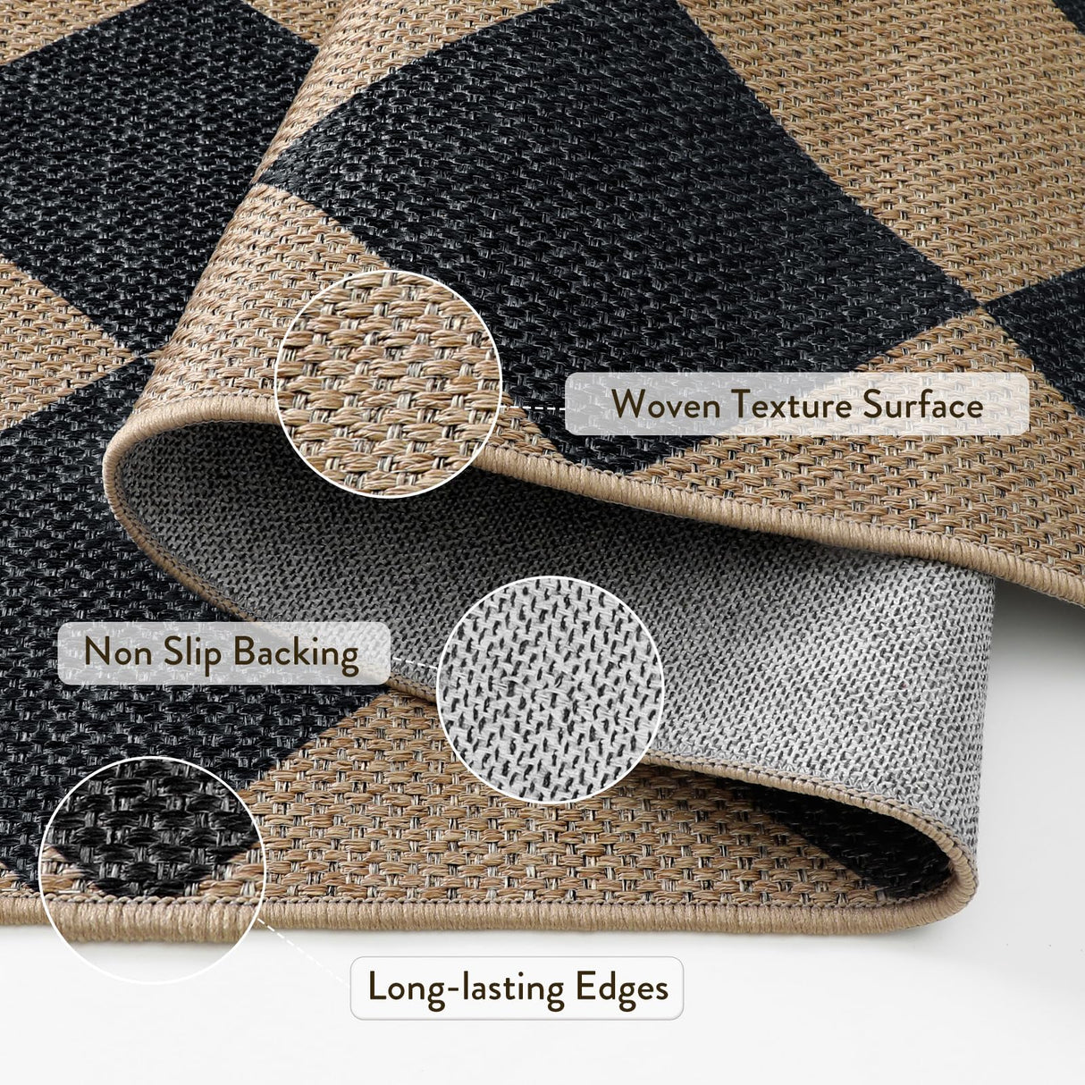 Lahome Checkered Easy Jute 3x5 Outdoor Patio Rug, Washable Rugs for Entryway Diamond Indoor Outdoor Living Room Carpet, Farmhouse Neutral Non Slip Black Door Carpet for Backyard Bedroom Lahome