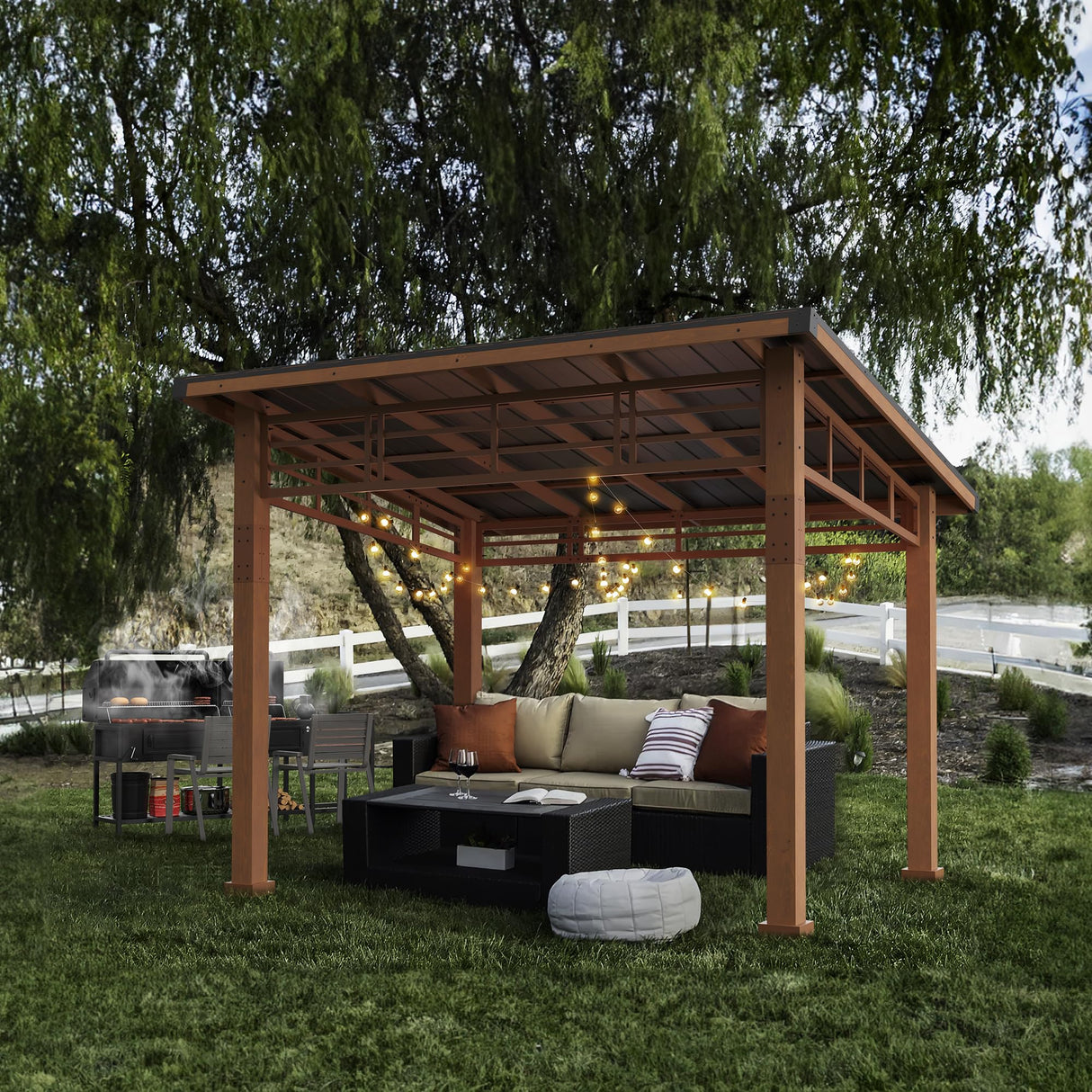LUE BONA 10x12 Hardtop Lean to Gazebo, Outdoor Pergola Metal Roof Gazebo with Wooden Frame, Permanent Patio Gazebo Canopy with Curtains, Pavilion Grill Gazebo for Backyard, Garden, Deck, Patio LUE BONA