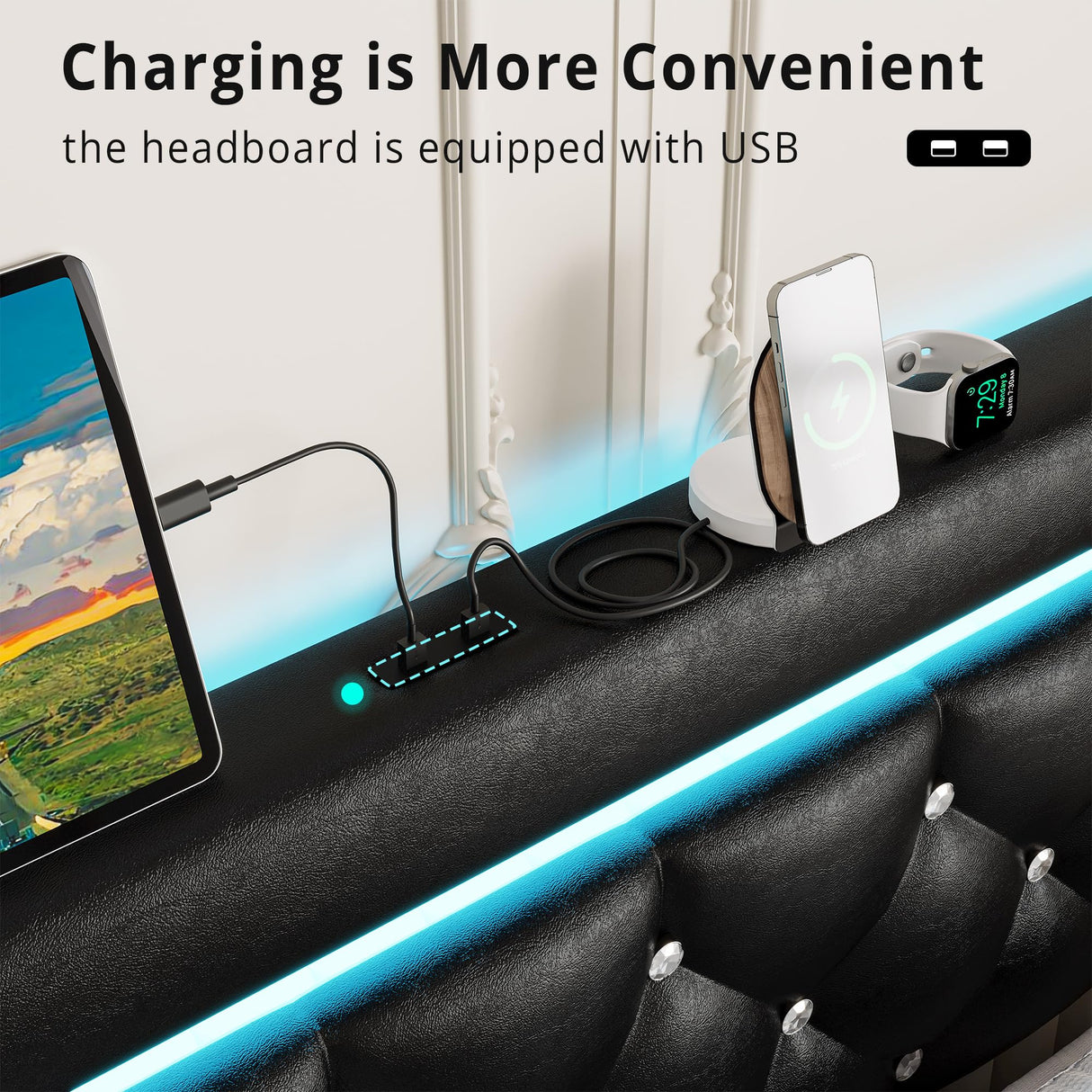 LIKIMIO Black PU Leather Full Size Bed Frame with LED Lights and 4 Storage Drawers LIKIMIO