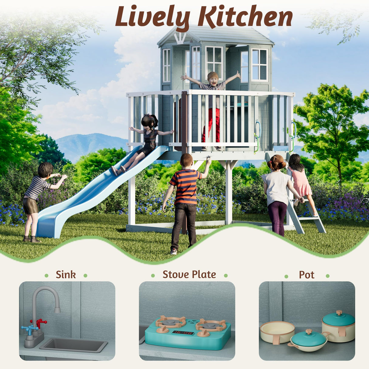 HOMMOW Kids Outdoor Playhouse, Cedar Wooden Outdoor Playhouse with Slide,Growth Chart,Interactive Play Kitchen,Installation Manual and Videos, Blue Grey HOMMOW