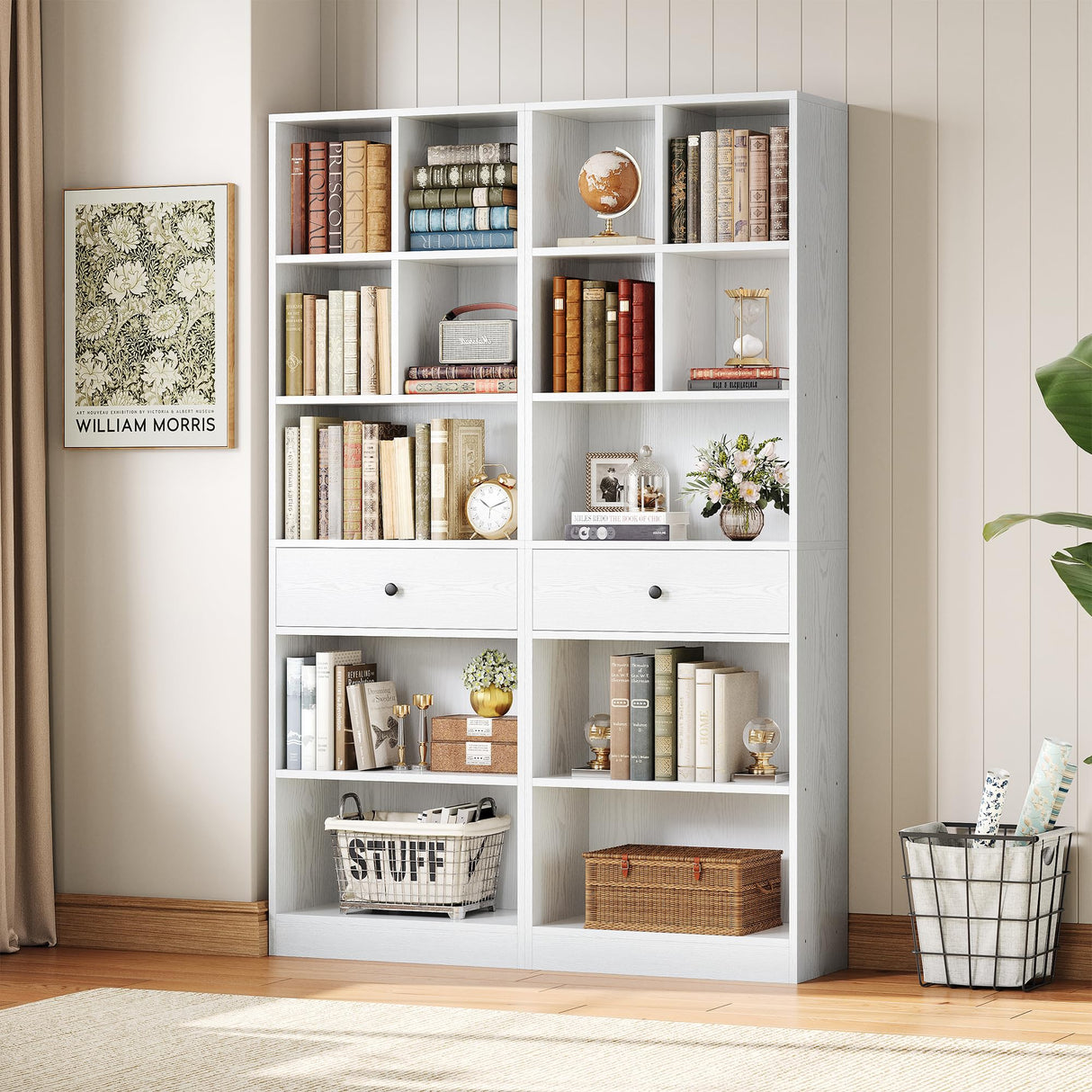IRONCK Bookcase and Bookshelves, 70" Tall Bookshelf Floor Standing 6 Tiers Display Storage Shelves, Book Shelf with Drawers for Home Office, Living Room, Bedroom, Library, White IRONCK