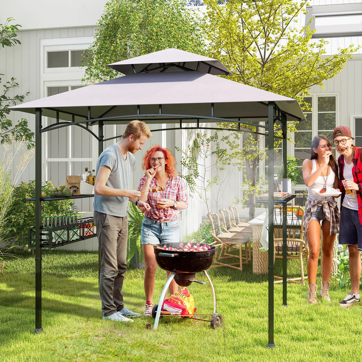 HAPPYGRILL 8 x 5 FT BBQ Grill Gazebo with 2 Side Shelves, Storage Basket, Hanging Hooks, Bottle Opener, Double-Tiered Top, Metal Frame, Outdoor Barbecue Canopy, Grilling Shelter for Patio Garden Yard HAPPYGRILL