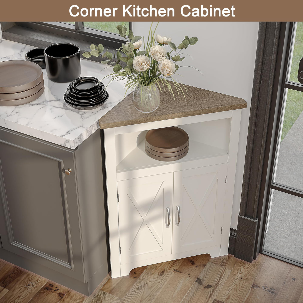 ChooChoo Farmhouse Corner Cabinet, Small Corner Storage Cabinet with Barn Door Design and Adjustable Shelf, Home Space Saver for Living Room, Bathroom, Kitchen, Soft White & Brown ChooChoo