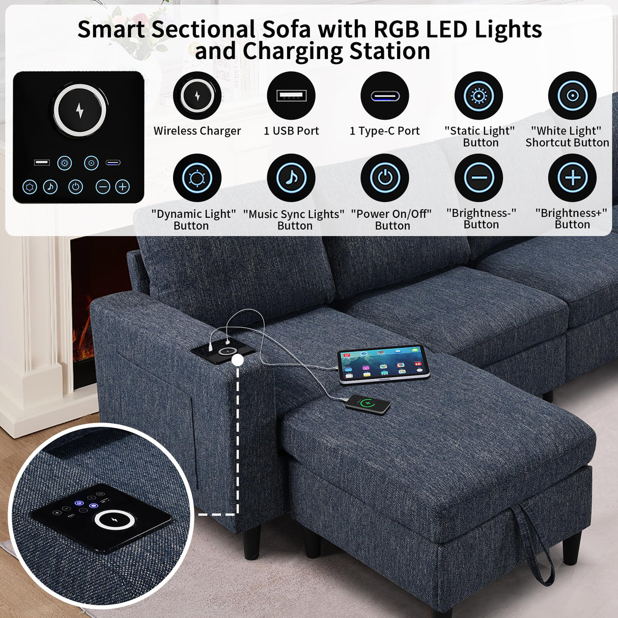 Sectional Couches for Living Room, 6 Seat Sectional Sofa Couch with Smart Module-Wireless Charging/USB/Type-C/RGB Light, U Shaped Thick Linen Modular Couch with Chaise Lounge/Storage Ottoman (Blue) NicoHali