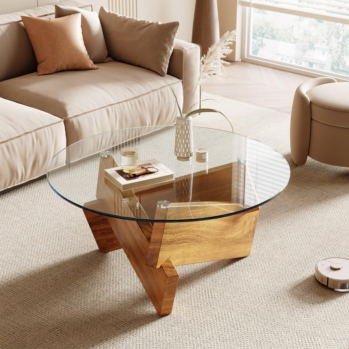 Honyee Modern Round Coffee Table, 30.7" x 30.7" x 16.1" Tempered Glass Top for Living Room, Color: Natural Wood Honyee