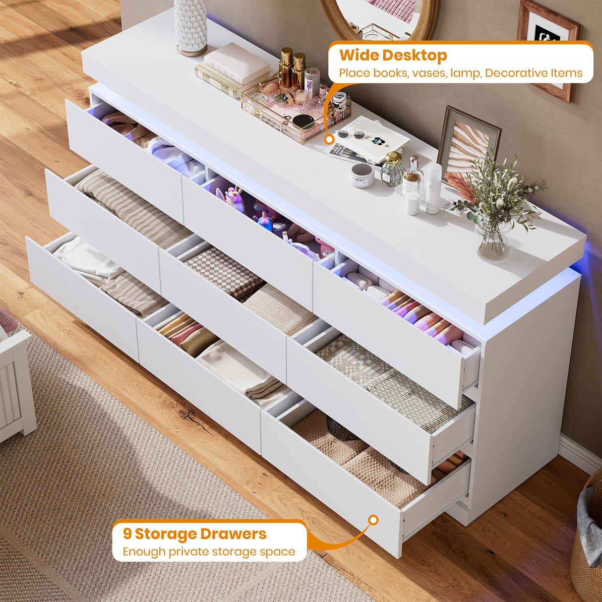Garvee 9 Drawer Dresser for Bedroom - 63” Wide Chest of Drawers with LED Light and Charging Station, Large TV Stand Multi-Function Home Organizer for Living Room, Entryway, Hallway, White Garvee