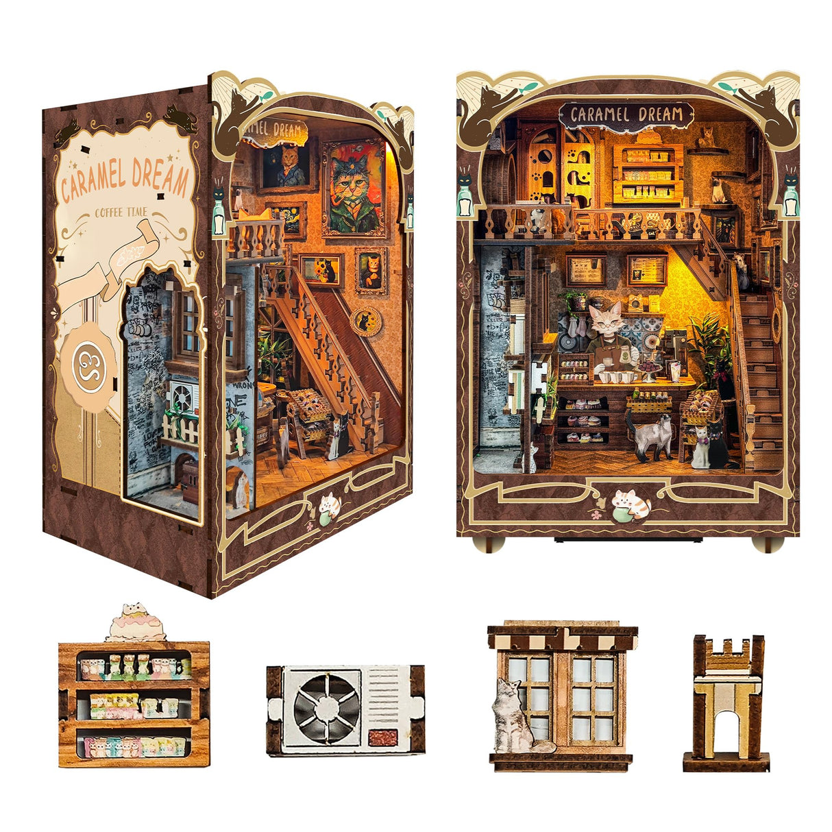 fifijoy DIY Book Nook Kit 3D Wooden Puzzle with LED Lights, Cozy Cat Café House, Bookshelf Insert Decor, Gift for Cat Lovers (Caramel Dreams) fifijoy
