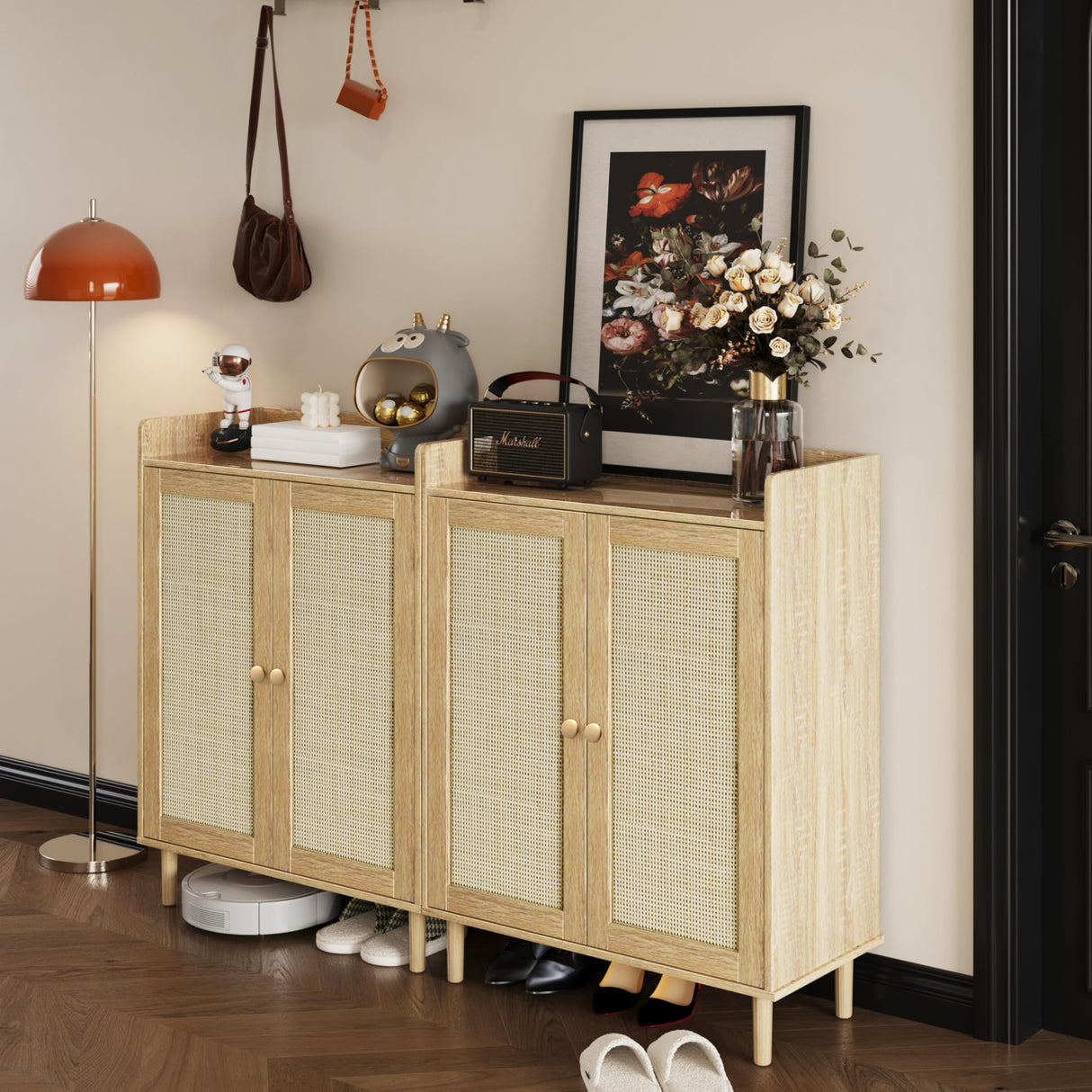 Shoe Cabinet - Rattan Shoe Cabinet for Entryway, Shoe Storage Cabinet with Adjustable Shelves, Natural Shoe Cabinet, Farmhouse Freestanding Wood Shoe Rack Organizer for Closet, Living Room, Hallway IANUE