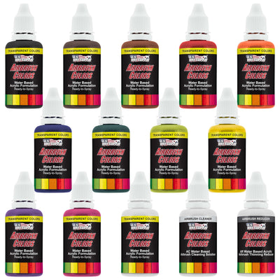 U.S. Art Supply Airbrush Paint Set - 12 Color Transparent with Reducer & Cleaner, Ready to Spray Air brush Paint, 1-Ounce Water-Based Acrylic for Painting Metal, Plastic Models, Canvas, Wood