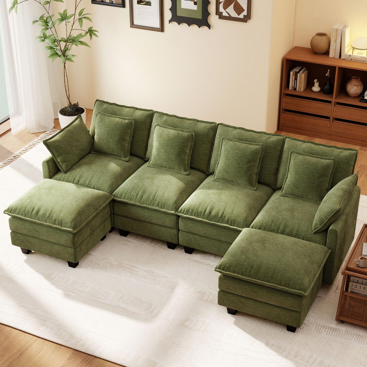 Ihanherry 106" U Shaped Modular Sectional Cloud Sofa, Modern 6 Seat Chenille Couch with Ottoman for Living Room, Bedroom and Apartment, Green Ihanherry
