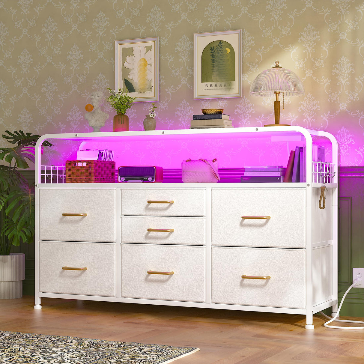 EnHomee White Dresser for Bedroom with LED Lights & Charging Station, 7 Drawer Dresser with Open Shelf, Fabric Bedroom Dressers & Chest of Drawers for Closet, Entryway, Hallway, 4 Hooks EnHomee