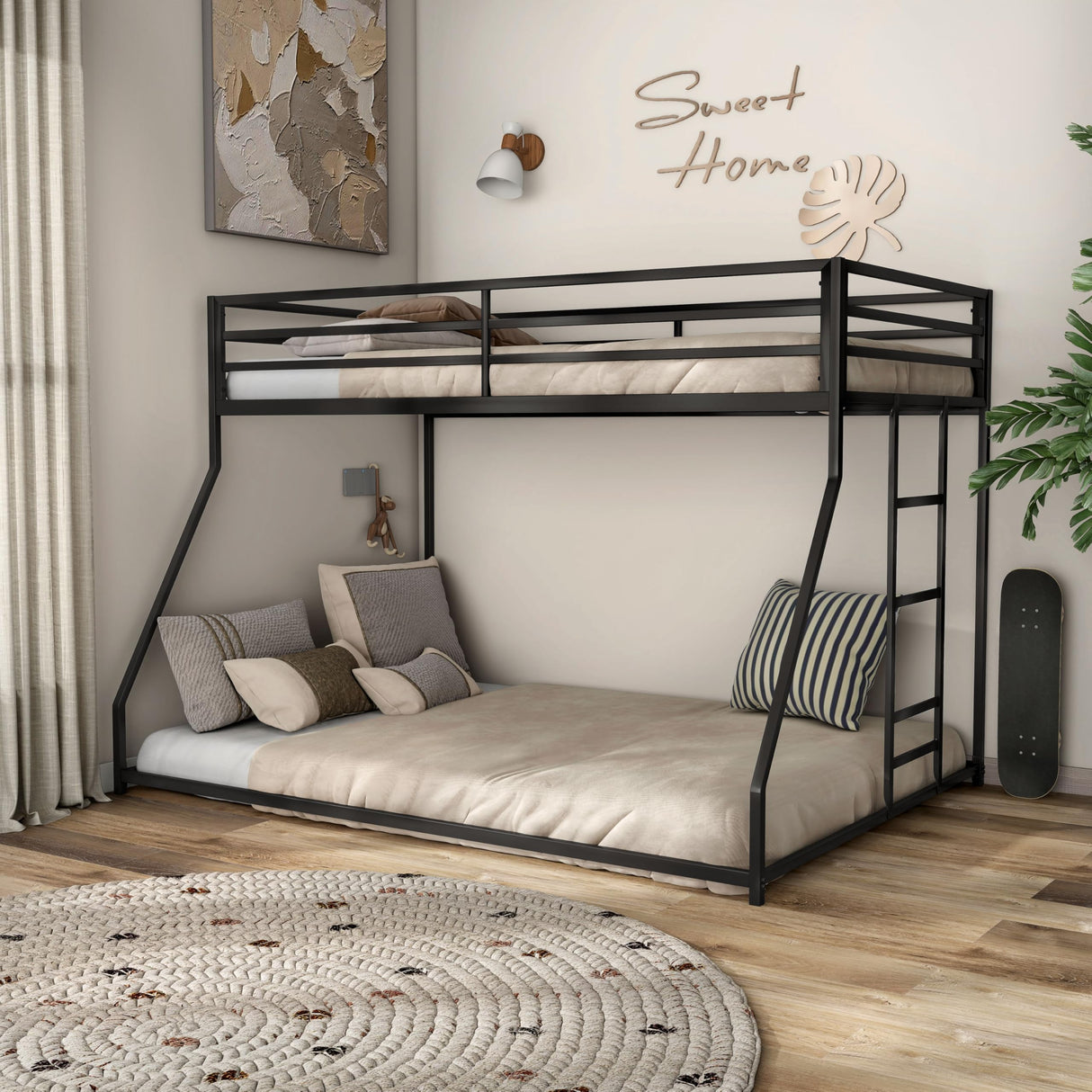 Furniture of America Dravenor Modern Metal Twin Over Full Low Profile Bunk Bed with Reversible Ladder and Twnty-Two Slats, No Box Spring Required, for Kids, Bedroom, Dorm, Black Furniture of America