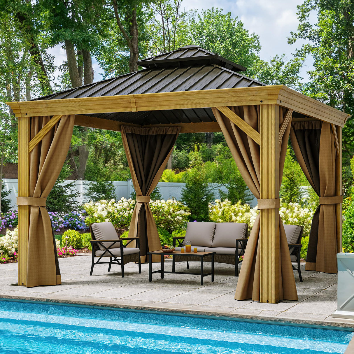 YITAHOME 10x10ft Hardtop Gazebo with Nettings and Curtains, Wood Grain Heavy Duty Double Roof Galvanized Steel Outdoor Combined of Vertical Stripes Roof for Patio, Backyard, Deck, Lawns, Brown YITAHOME