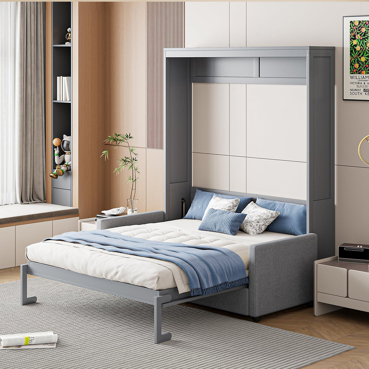 LZ LEISURE ZONE Full Size Murphy Bed, Wooden Full Murphy Bed with Cushion, Wall Bed with Sofa for Home Office or Small Room, Gray LZ LEISURE ZONE